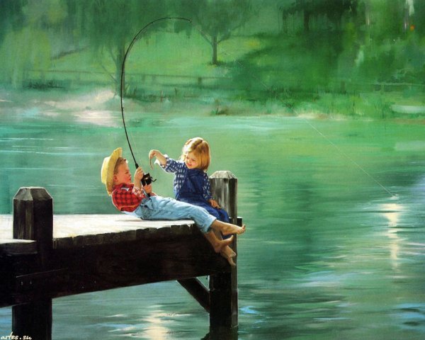 Дети на рыбалке живопись