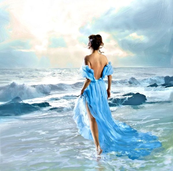 Девушка и море акварель