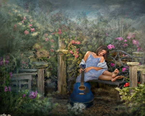 Девушка на скамейке живопись