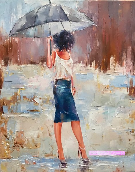 Девушка под зонтом с картиной