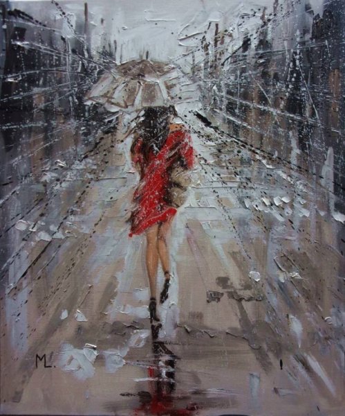 Девушка с зонтом акварель