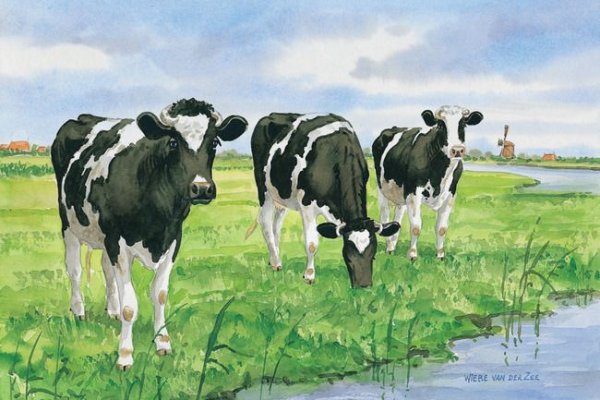 Пейзаж с коровами акварель