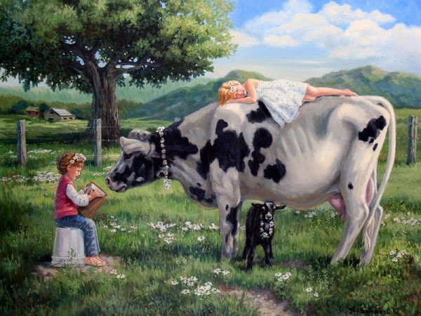 Картина деревня коровы