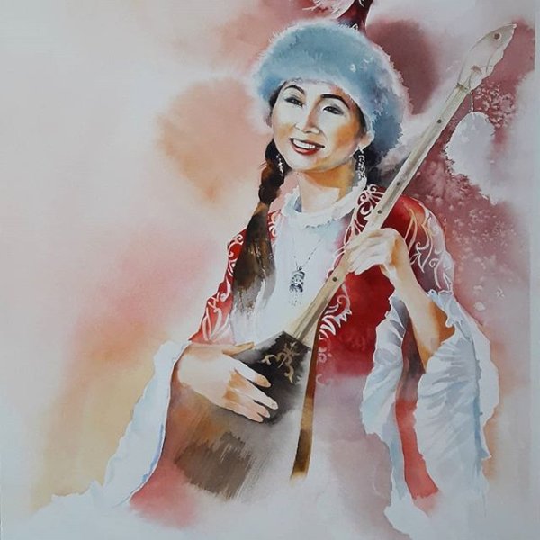 Казахи в национальных костюмах с домброй