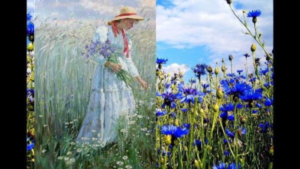 Живопись девушка в Васильковом поле