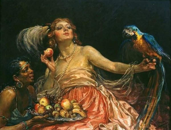 Девушка с попугаем живопись
