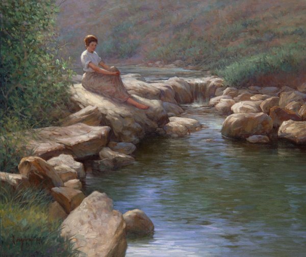 Девушка у реки живопись