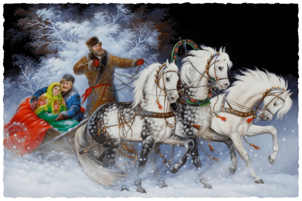 Федоскинская миниатюра тройка лошадей