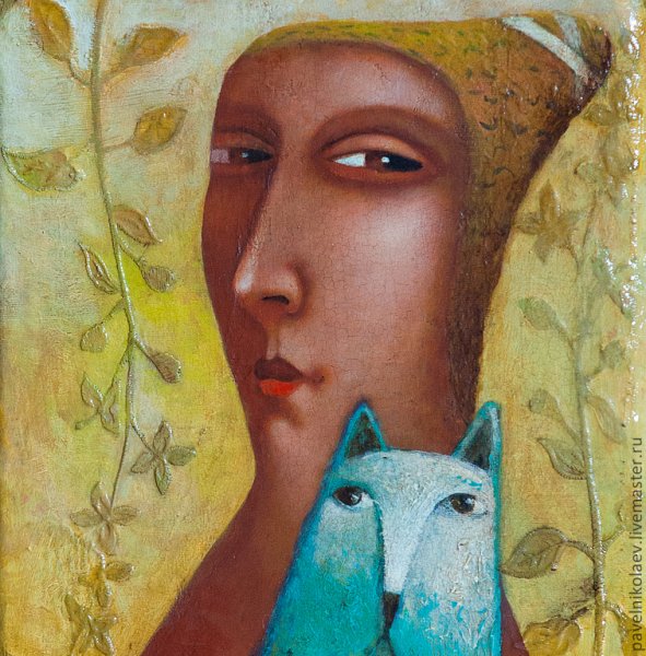 Картина девушка с голубым котом