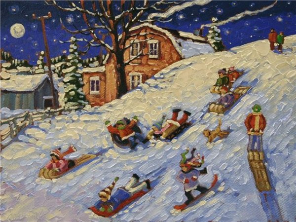 Дети катаются с горки зимой