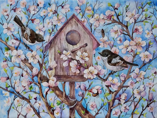Весенние птицы живопись