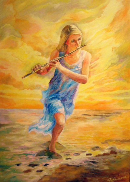 Девочка с флейтой живопись