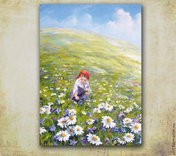 Ромашки на лугу живопись