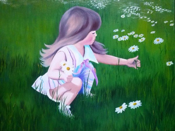 Девочка собирает ромашки