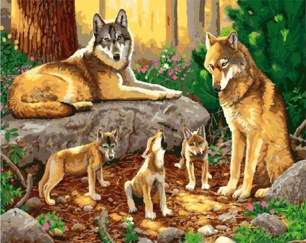 Алмазная мозаика семья Волков с волчатами
