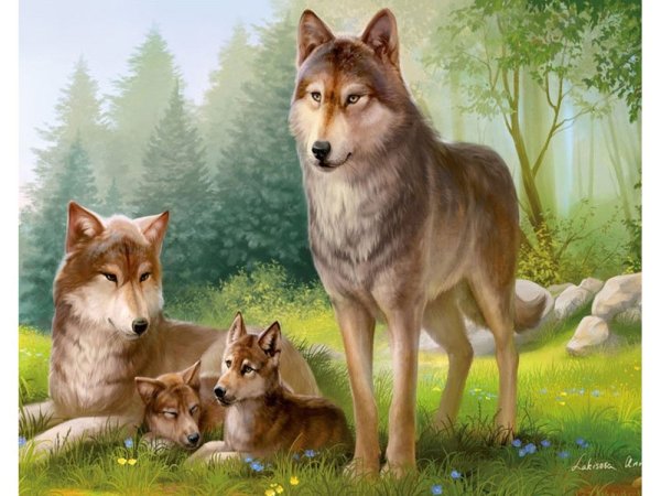 Семья Волков с волчатами