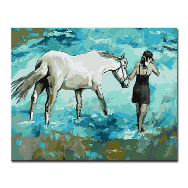 Девушка и белый конь живопись
