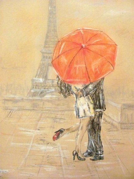 Картина пара под зонтом в Париже