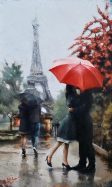 Влюбленные под зонтом в Париже