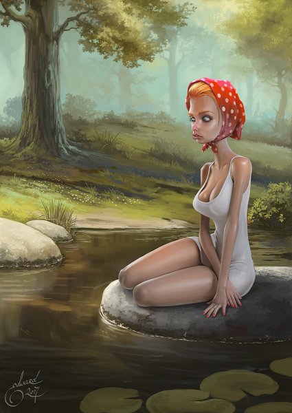 Девушка сидит на берегу реки