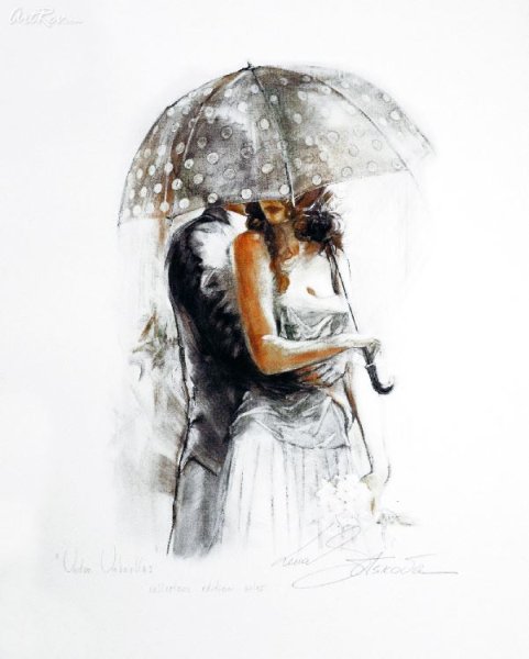 Фигура человека под зонтом акварелью