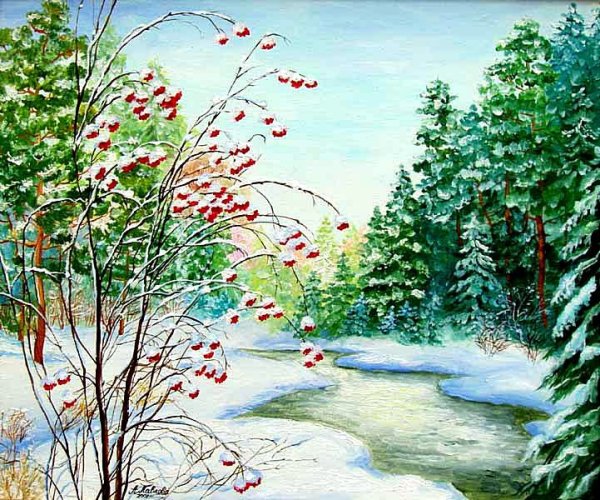 Зимний пейзаж с рябиной живопись