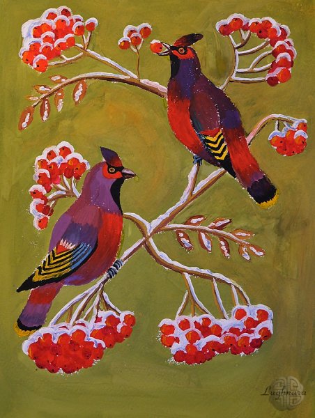 Птица на ветке рябины