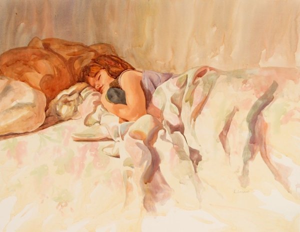 Спящая девушка акварель
