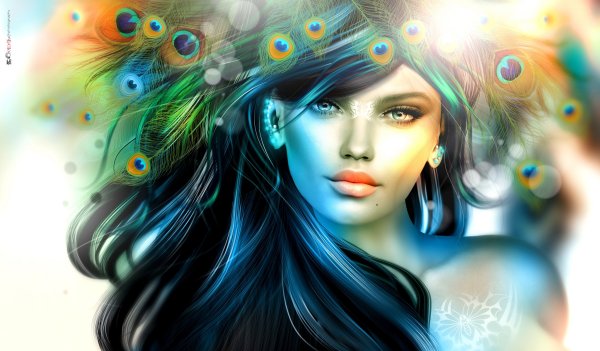 Портрет девушки с перьями в волосах