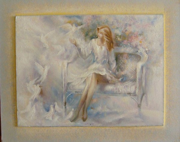 Девушка и голуби живопись