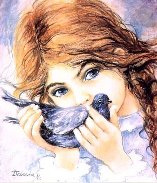 Девочка и голубь живопись