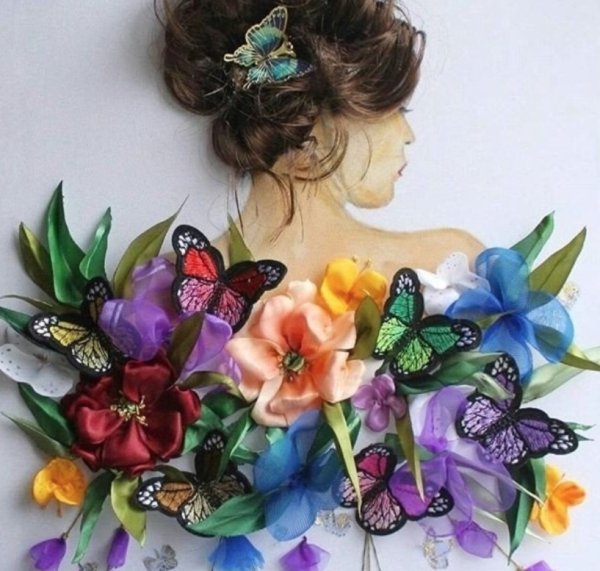 Вышивка лентами бабочки