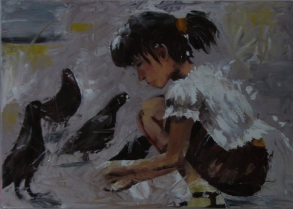 Девушка и голуби живопись