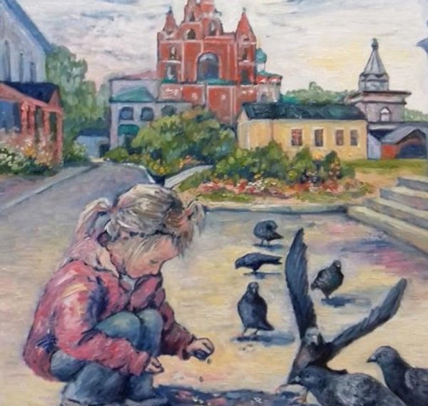 Кормит голубей картина