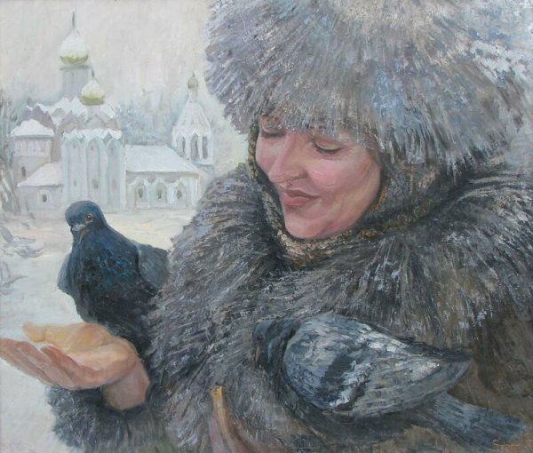 Девушка и голуби живопись