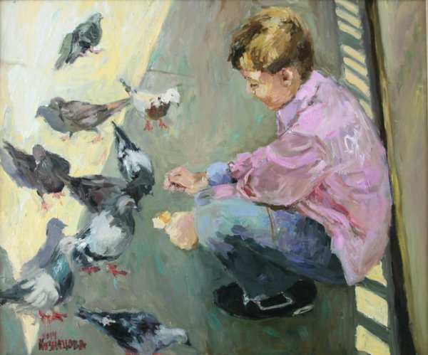 Девочка и голубь живопись