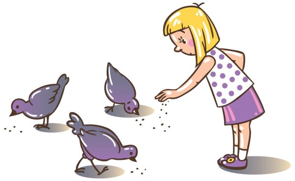 Девочка и голубь крошки