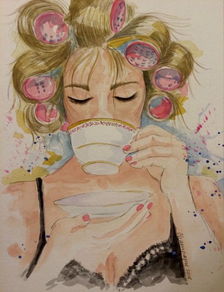 Девушка пьет кофе акварель