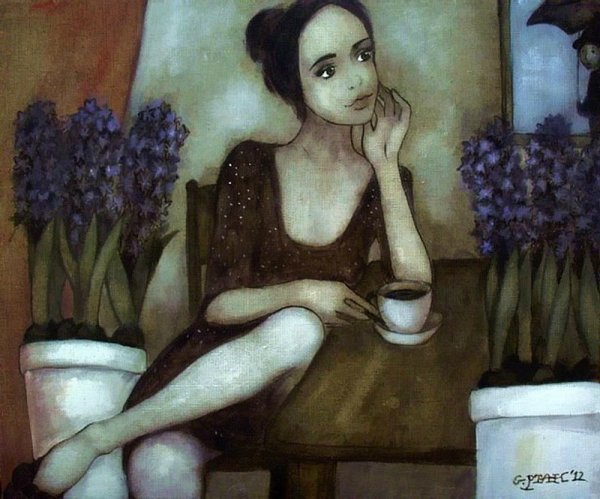 Картина девушка с кофе