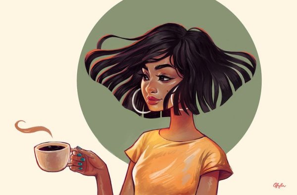 Нарисованная девушка с кофе