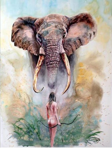 Девушка и слон акварель