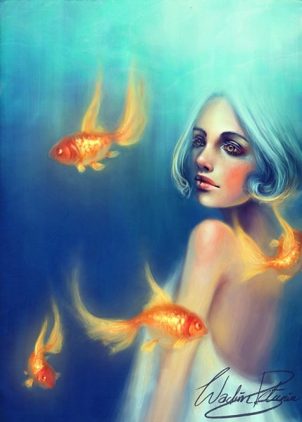 Девушка с рыбками арт