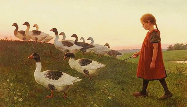 Девочка пасет гусей