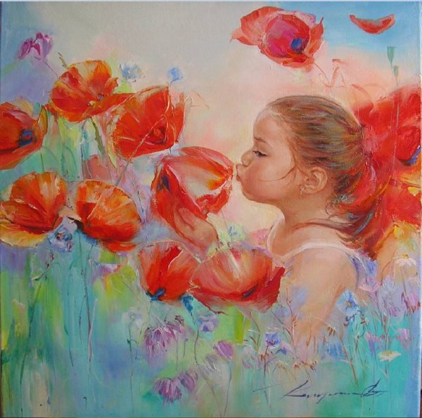 Картина девушка с маками в поле