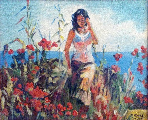 Человек в поле цветов арт