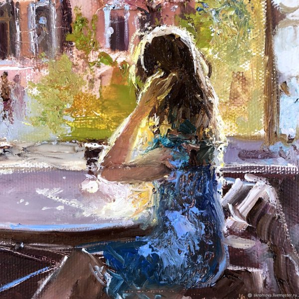 Девушка в кафе живопись