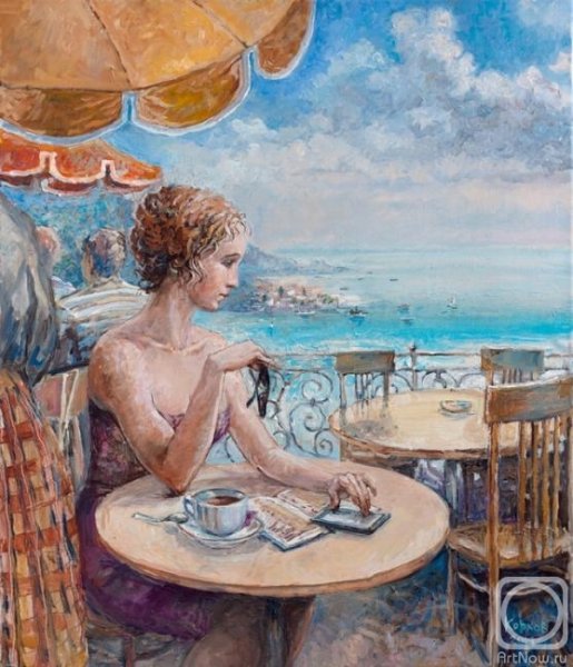 Живопись маслом девушка в кафе