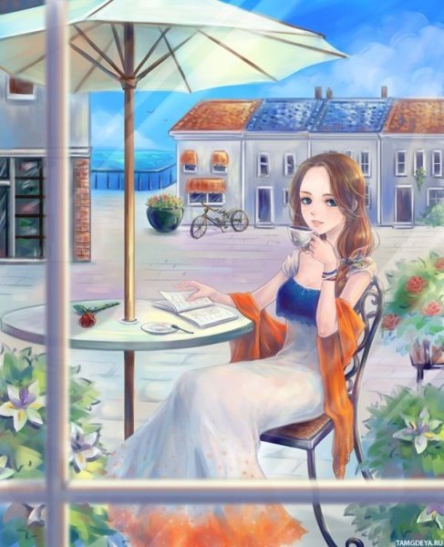 Нарисованная девушка в кафе