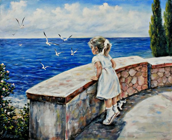 Живопись девушка у моря, Чайки