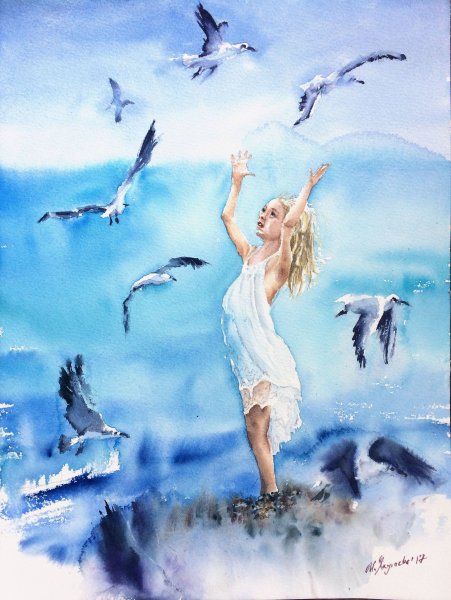 Птицы в небе акварель